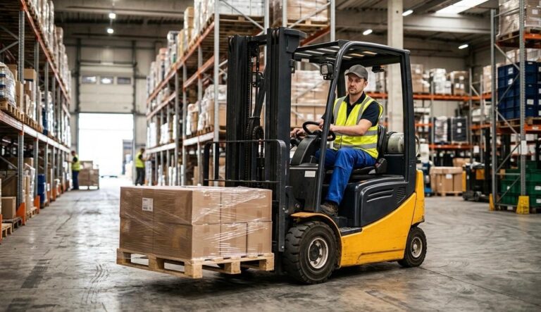un lavoratore a guida di un muletto